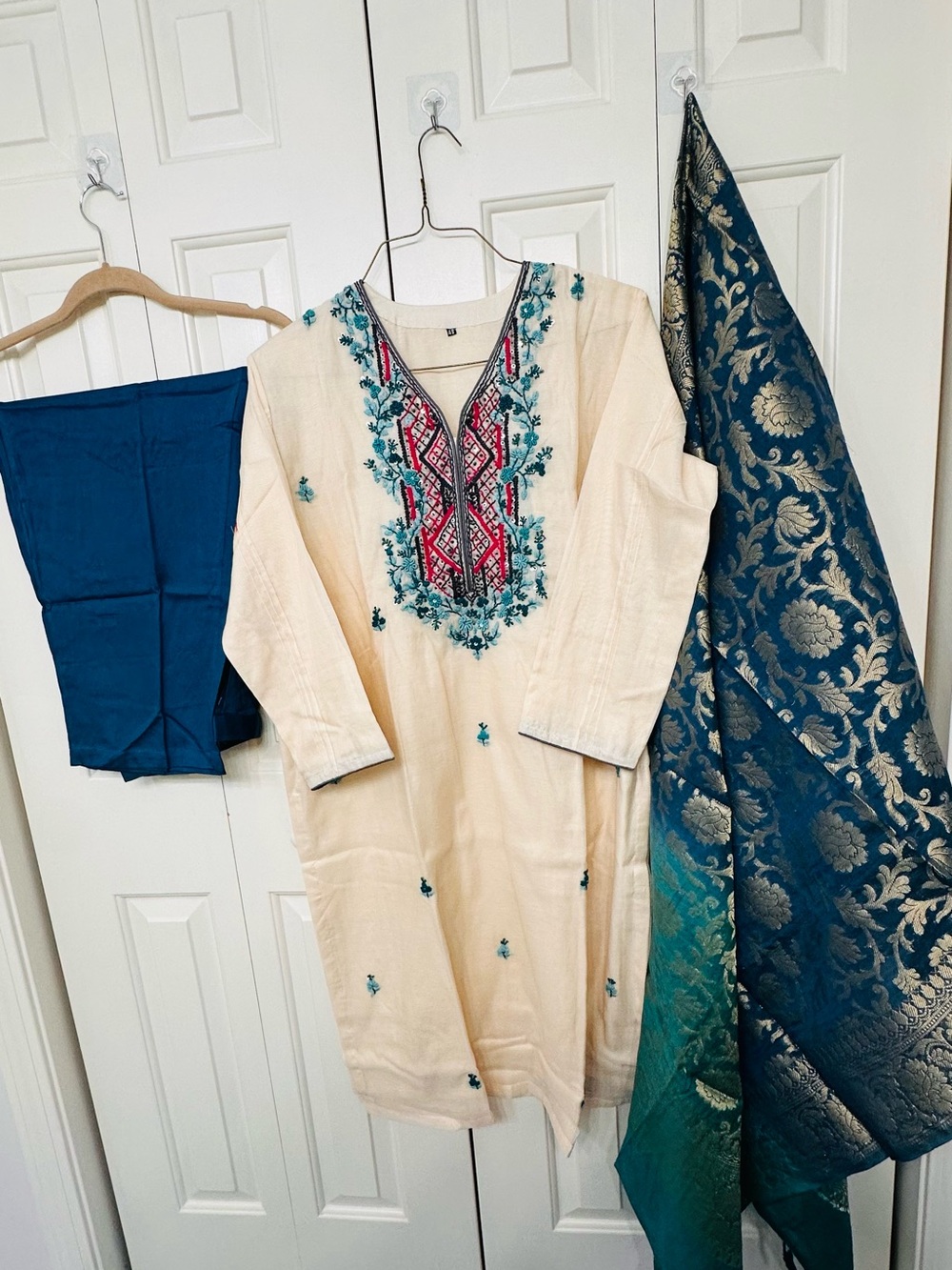 Embroidered Cream Tunic with Teal & blue embroidery and banarasi Dupatta 23”